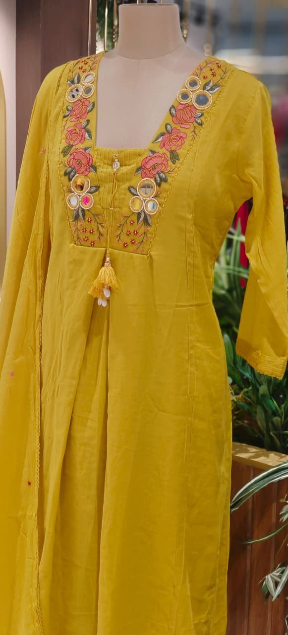 Real Mirror Floral Embroidery Tasseled Yoke A-Line Full Suit Set With Dupatta In Mul Cotton Fabric- 12935