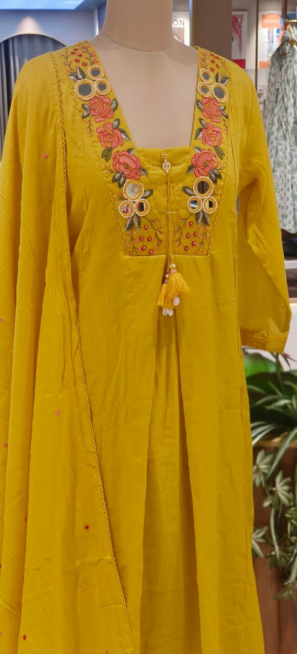 Real Mirror Floral Embroidery Tasseled Yoke A-Line Full Suit Set With Dupatta In Mul Cotton Fabric- 12935