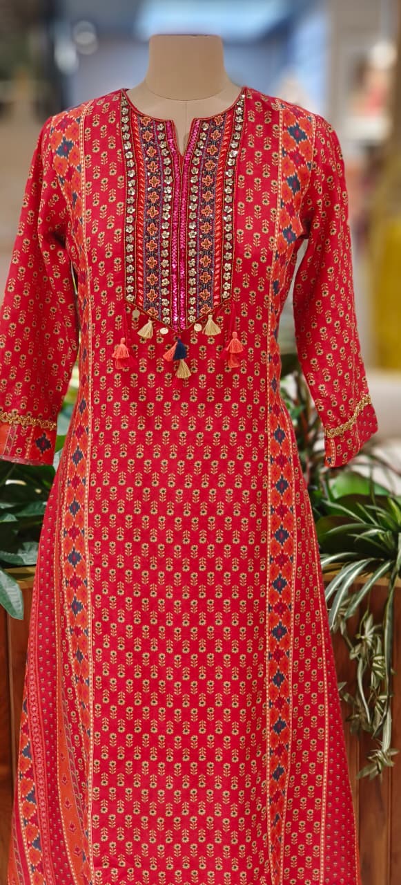 Vibrant Color Rajasthani Look High Low Tasseled Kurta Pant Set-12923,25,24