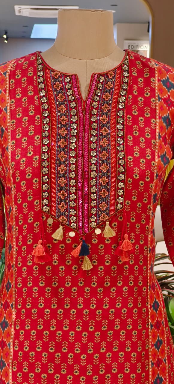 Vibrant Color Rajasthani Look High Low Tasseled Kurta Pant Set-12923,25,24