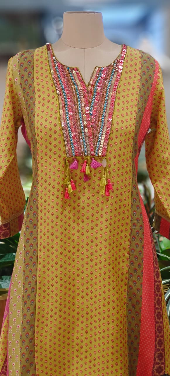 Vibrant Color Rajasthani Look High Low Tasseled Kurta Pant Set-12923,25,24