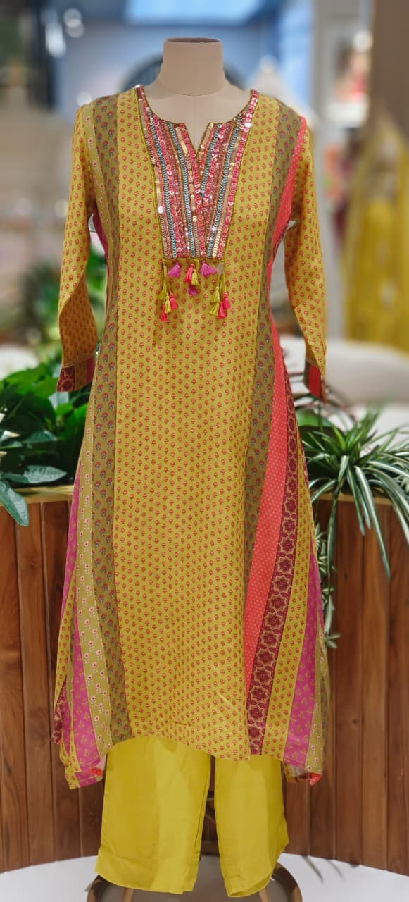 Vibrant Color Rajasthani Look High Low Tasseled Kurta Pant Set-12923,25,24