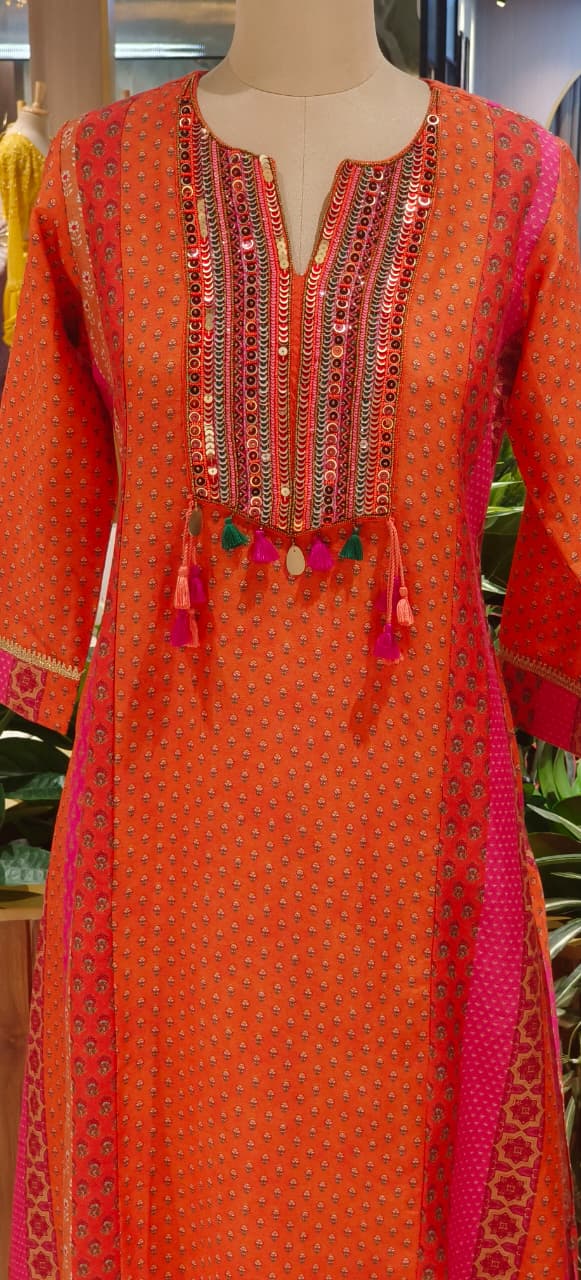 Vibrant Color Rajasthani Look High Low Tasseled Kurta Pant Set-12923,25,24