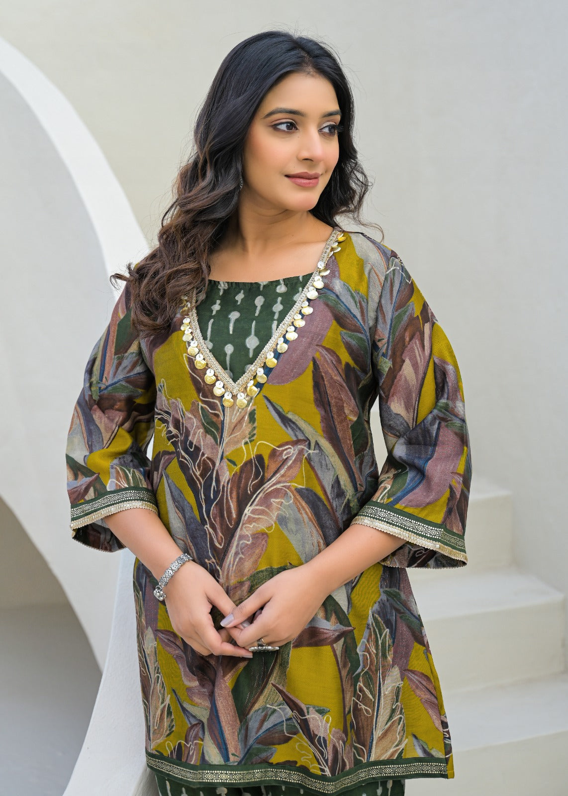 Golden Coin Tassel Hang Unique Multi Prints Buster With Outer & Bottom- 12888