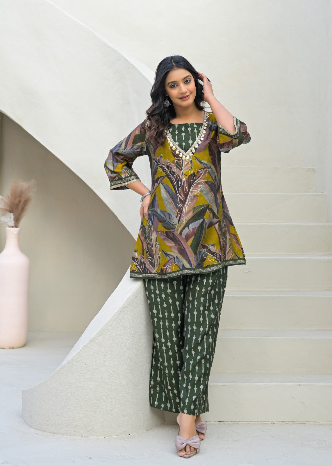 Golden Coin Tassel Hang Unique Multi Prints Buster With Outer & Bottom- 12888