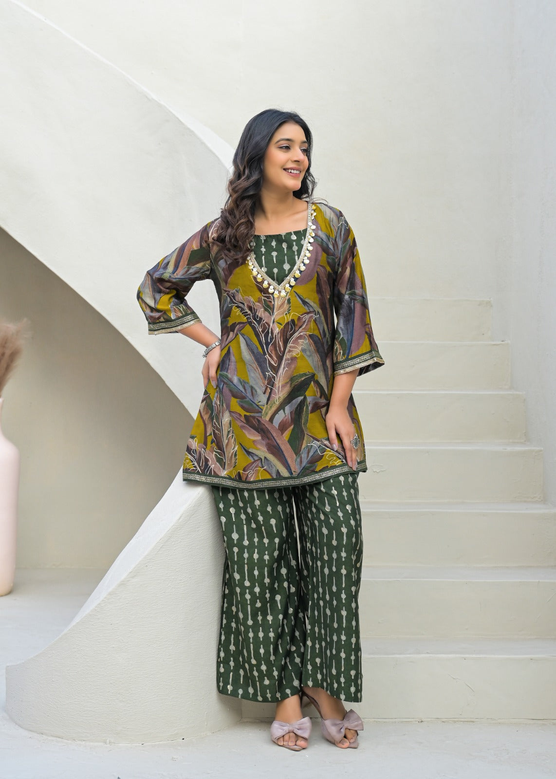 Golden Coin Tassel Hang Unique Multi Prints Buster With Outer & Bottom- 12888