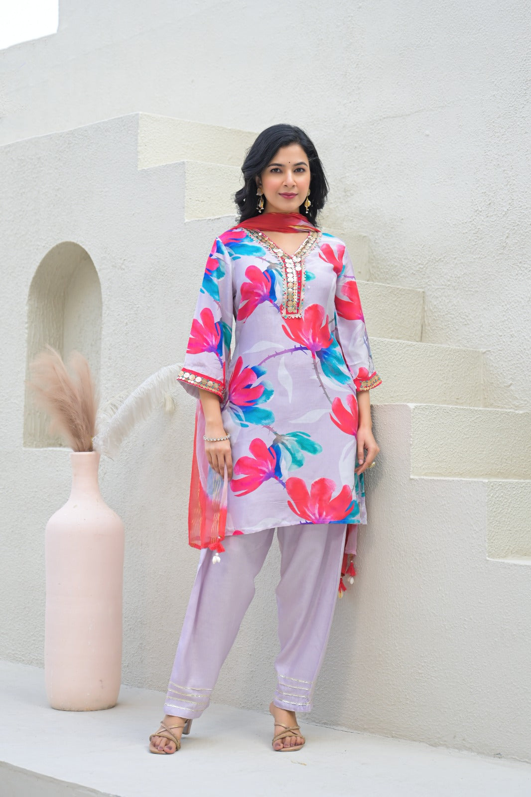 Floral Printed Beautiful Golden Neck Line Full Suit Set With Dupatta In Muslin Fabric- 12891