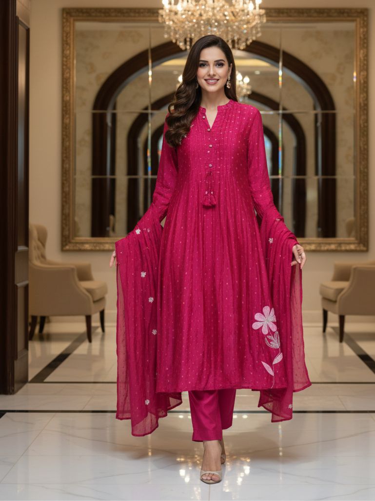 Banarasi Scattered Golden Touch Leafy Thread Embroidery A-Line Full Suit Set With Dupatta- 12937