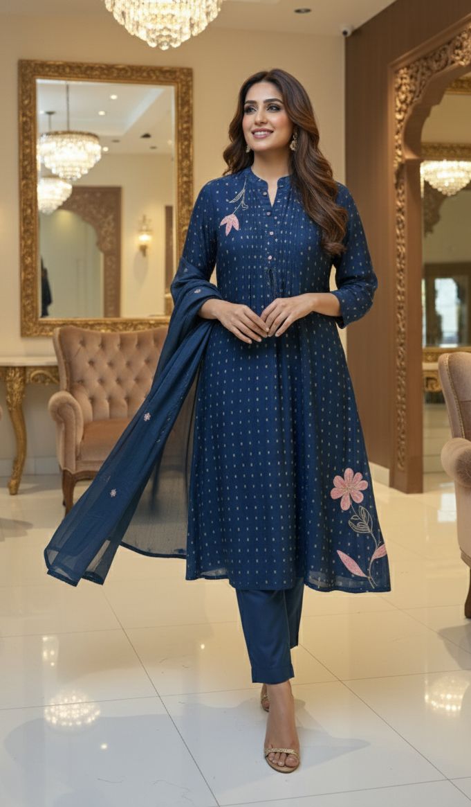 Banarasi Scattered Golden Touch Leafy Thread Embroidery A-Line Full Suit Set With Dupatta- 12937