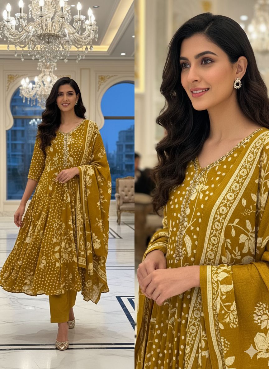 Mul Cotton Beautifully Floral Printed Panel Anarkali Full Suit Set With Dupatta- 12943