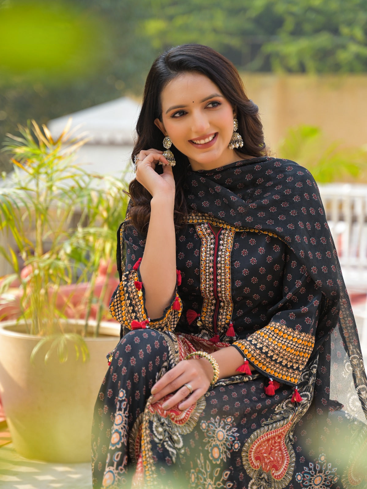 Ajrak Print Unique Neck Line Tasseled Full Suit Set With Dupatta In Crepe Fabric- 12811