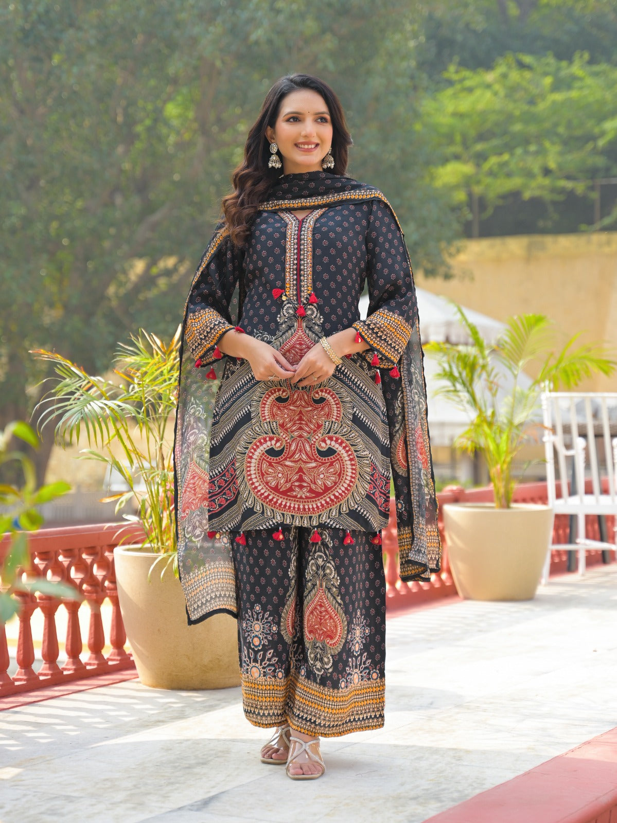 Ajrak Print Unique Neck Line Tasseled Full Suit Set With Dupatta In Crepe Fabric- 12811