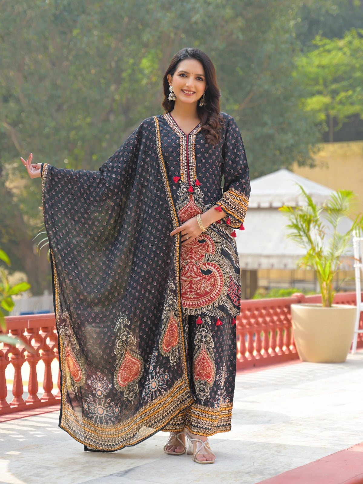 Ajrak Print Unique Neck Line Tasseled Full Suit Set With Dupatta In Crepe Fabric- 12811