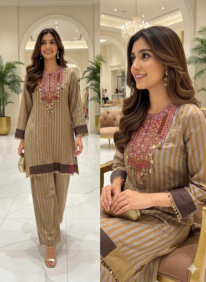 Premium Tissue Tiny Foil Hangs Boho Hand Worked Front Design Striped Kurta With Bottom Set- 12788
