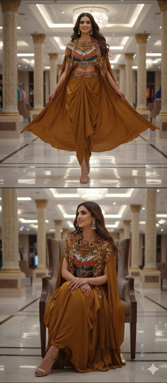 Rich Festive Tribal Multicolor Hand-Embroidered Buster With Shrug & Draped Skirt Indo-Western Outfit- 12975