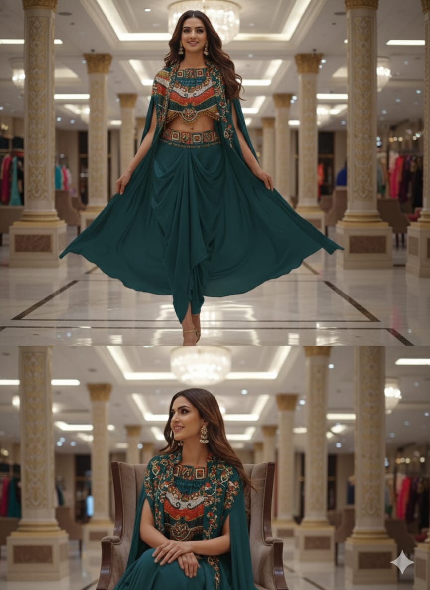 Rich Festive Tribal Multicolor Hand-Embroidered Buster With Shrug & Draped Skirt Indo-Western Outfit- 12975