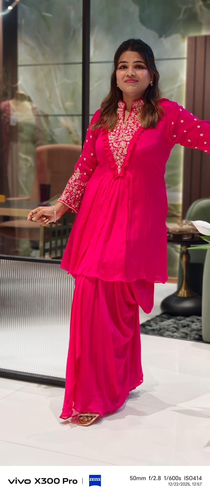 Noor-E-Zar Heavily Embroidered Boho Neck Chinon High Low Solid Kurta With Dhoti Skirt- 12974