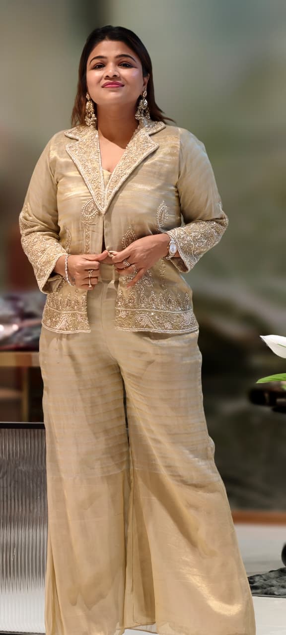 Elegant Tissue Royal Gold Embroidered Collared Jacket Type Kurta With Matching Pant- 12967