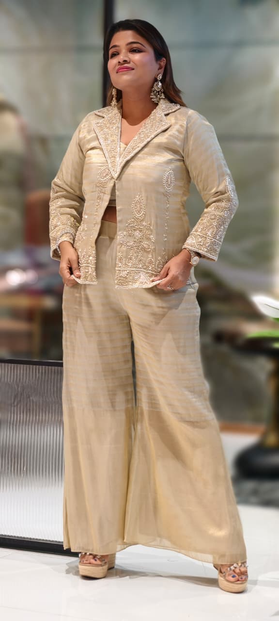 Elegant Tissue Royal Gold Embroidered Collared Jacket Type Kurta With Matching Pant- 12967