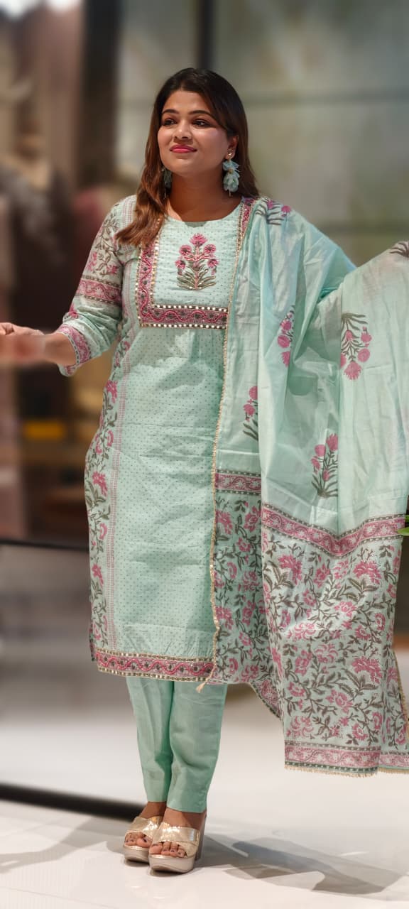 Soft Spring Floral Fern Printed & Embroidered Yoke Full Suit Set With Dupatta In Chanderi Fabric- 12979