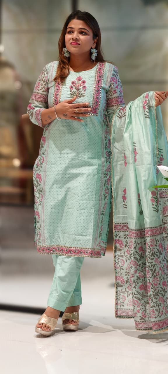 Soft Spring Floral Fern Printed & Embroidered Yoke Full Suit Set With Dupatta In Chanderi Fabric- 12979