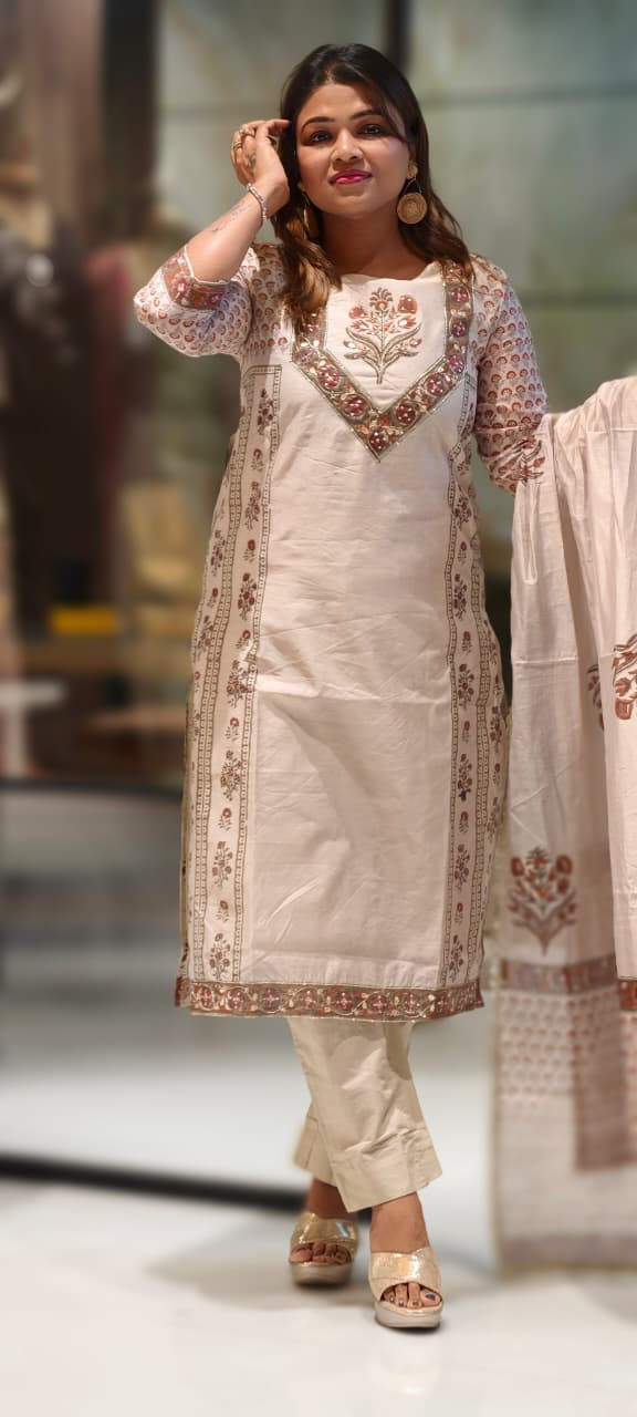 Soft Spring Floral Fern Printed & Embroidered Yoke Full Suit Set With Dupatta In Chanderi Fabric- 12979