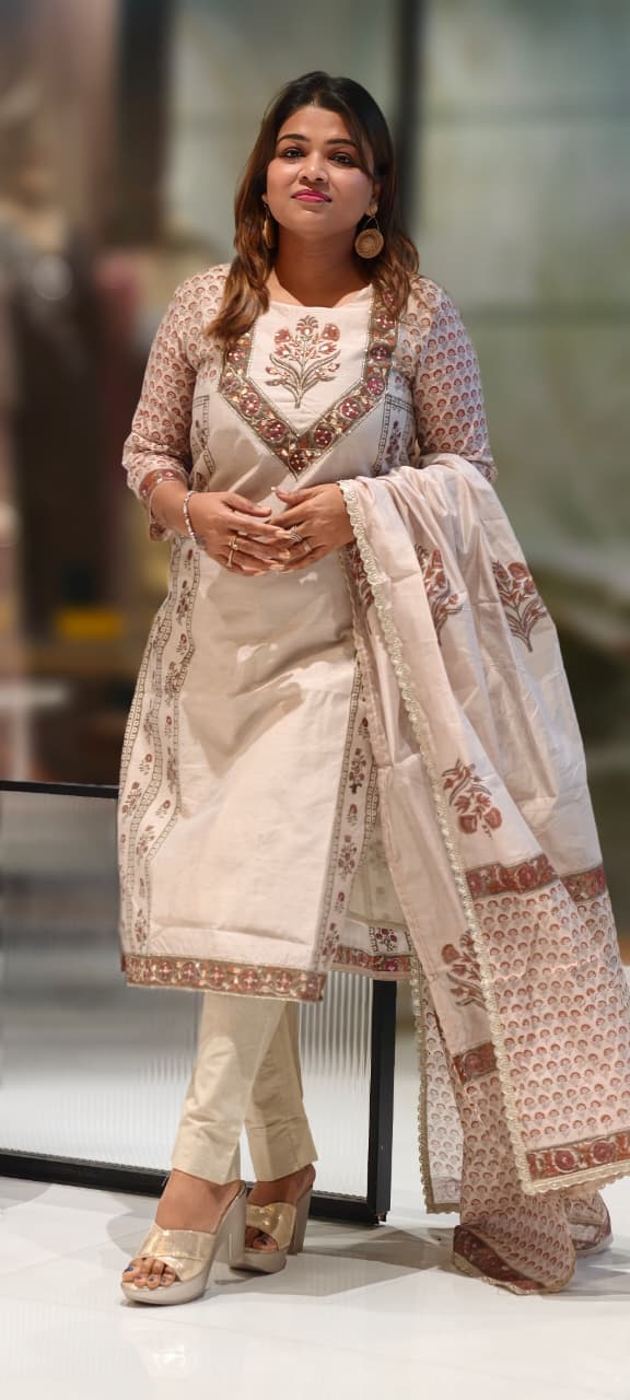 Soft Spring Floral Fern Printed & Embroidered Yoke Full Suit Set With Dupatta In Chanderi Fabric- 12979