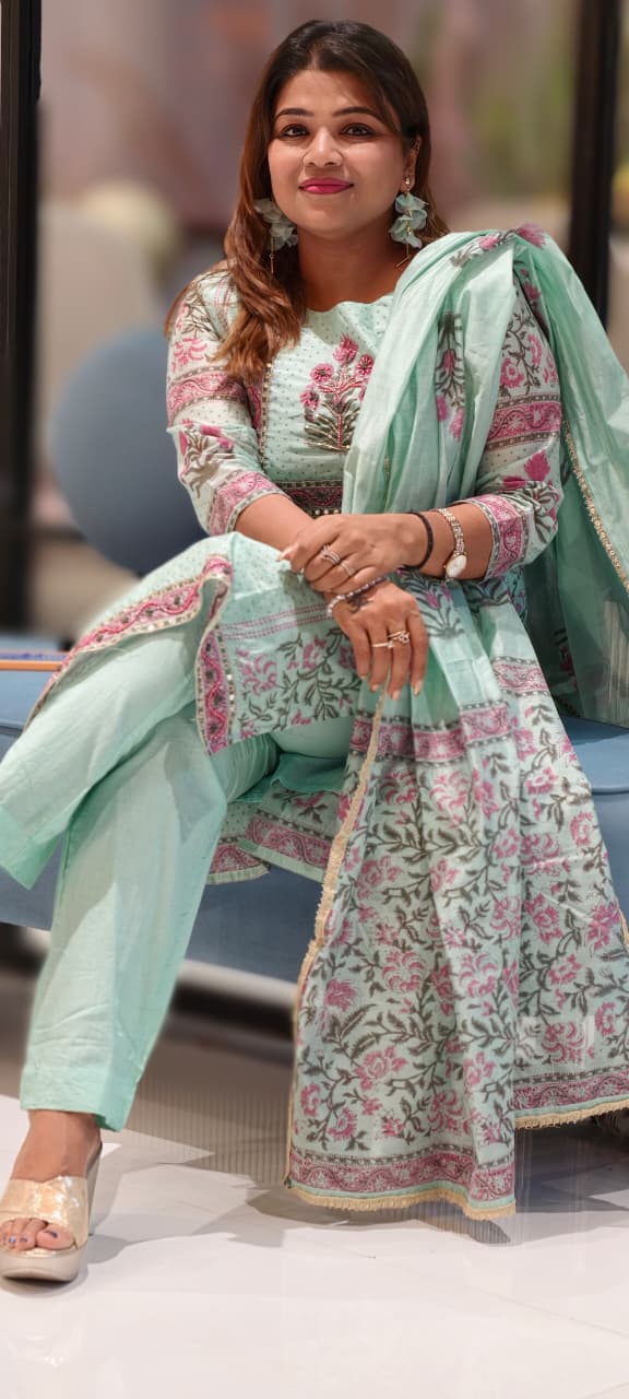 Soft Spring Floral Fern Printed & Embroidered Yoke Full Suit Set With Dupatta In Chanderi Fabric- 12979