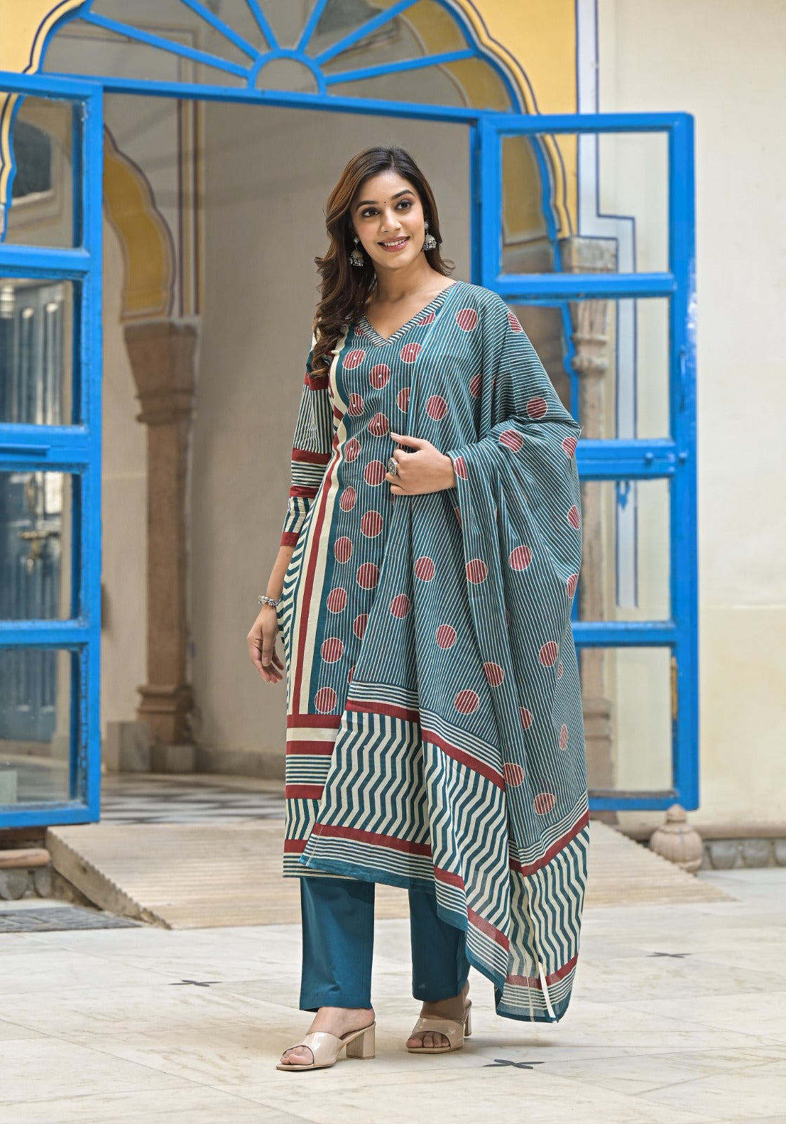 Teal Blue Cotton Printed Kurta Set With Straight Pants & Flowing Dupatta-12988