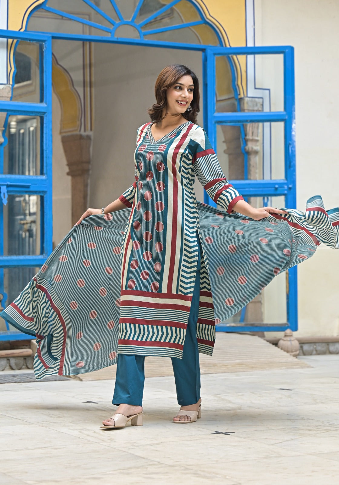 Teal Blue Cotton Printed Kurta Set With Straight Pants & Flowing Dupatta-12988