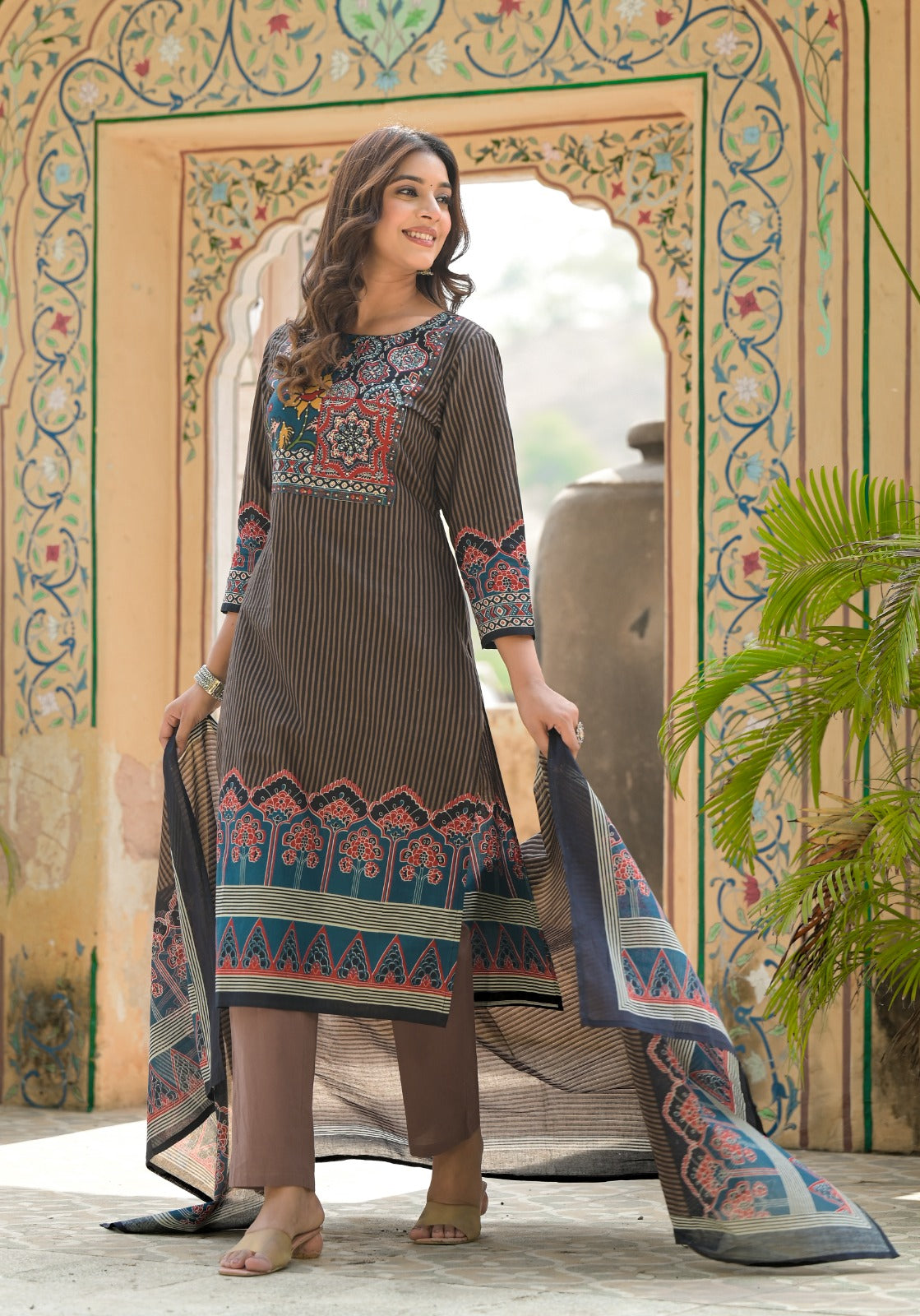 Multicolor Ajrak Print Beautifully Striped Cotton Full Suit Set With Dupatta-12988