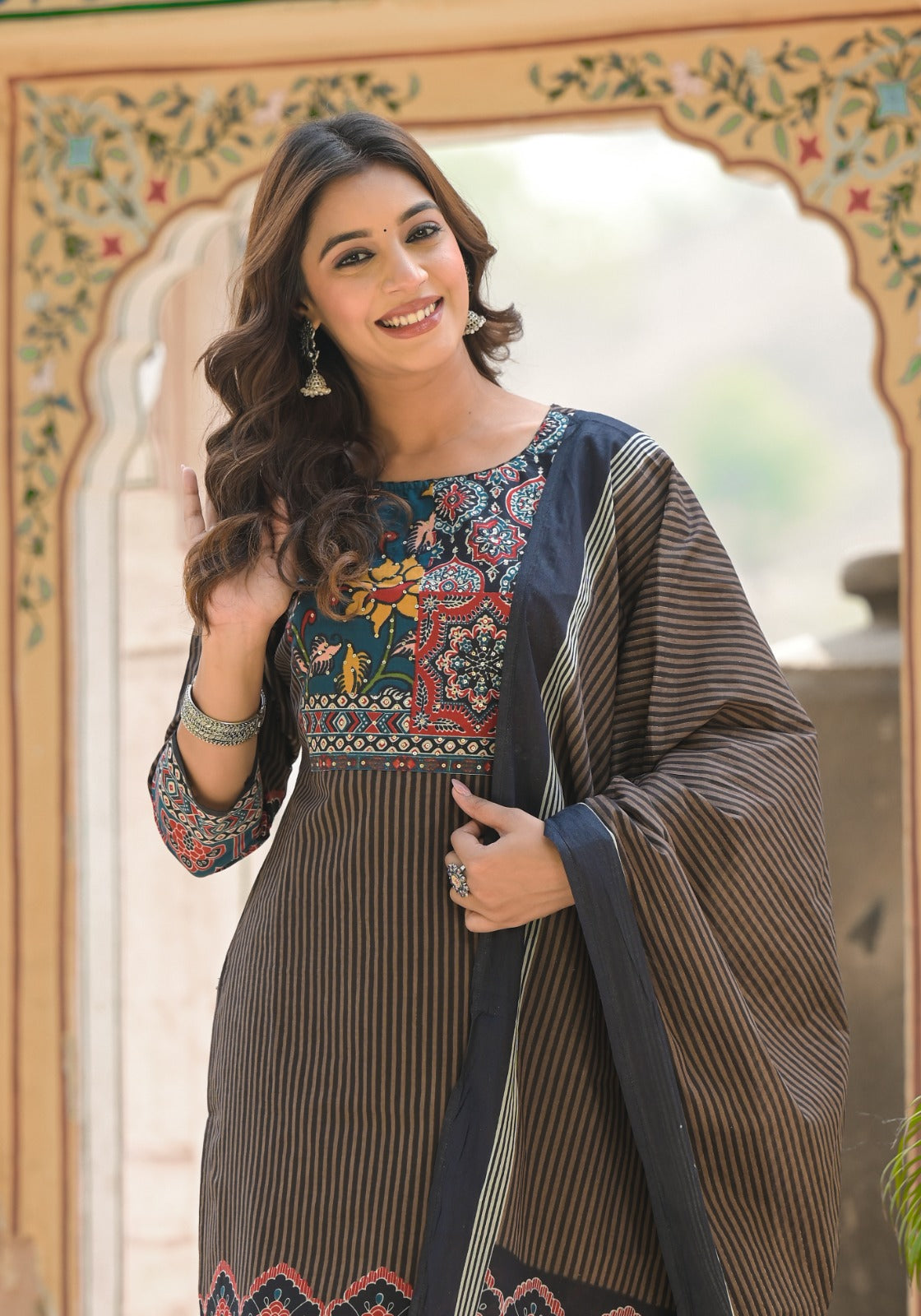 Multicolor Ajrak Print Beautifully Striped Cotton Full Suit Set With Dupatta-12988