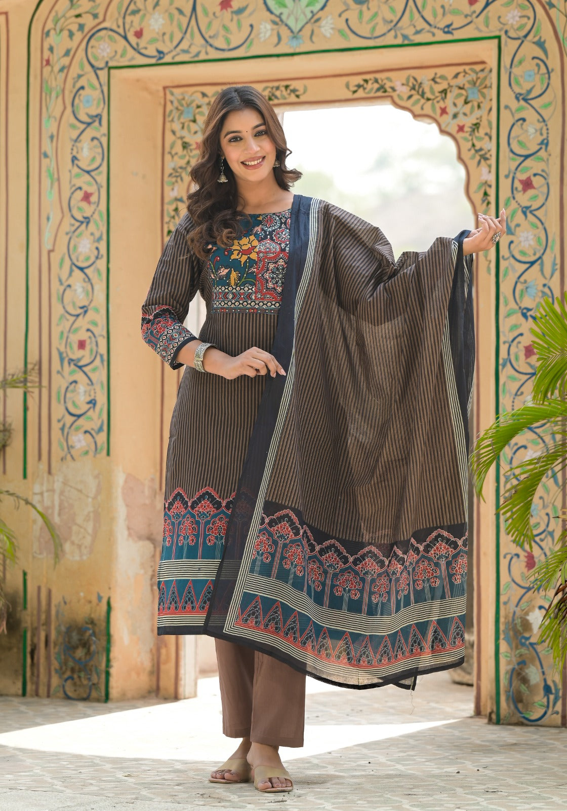 Multicolor Ajrak Print Beautifully Striped Cotton Full Suit Set With Dupatta-12988