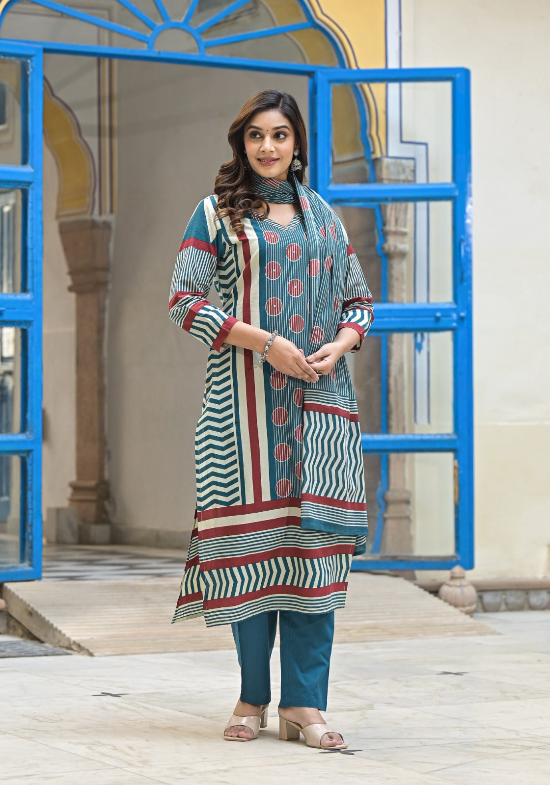 Teal Blue Cotton Printed Kurta Set With Straight Pants & Flowing Dupatta-12988
