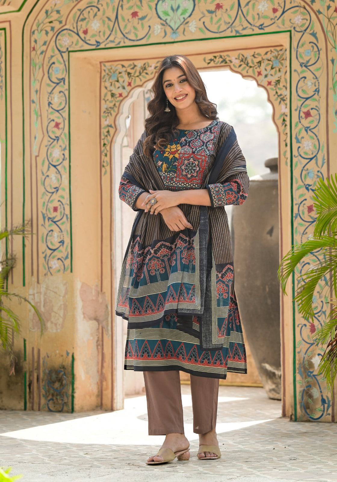 Multicolor Ajrak Print Beautifully Striped Cotton Full Suit Set With Dupatta-12988