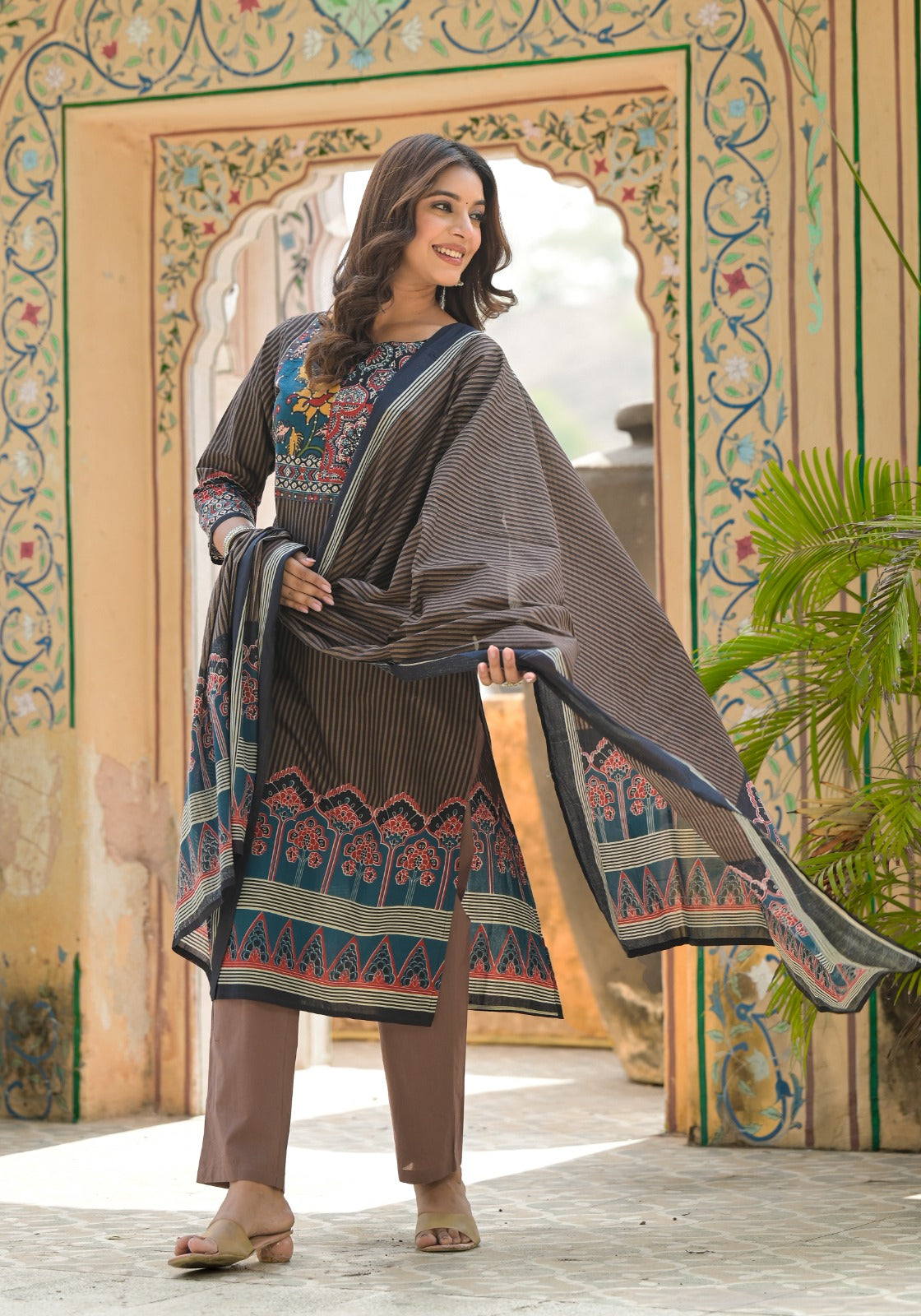 Multicolor Ajrak Print Beautifully Striped Cotton Full Suit Set With Dupatta-12988
