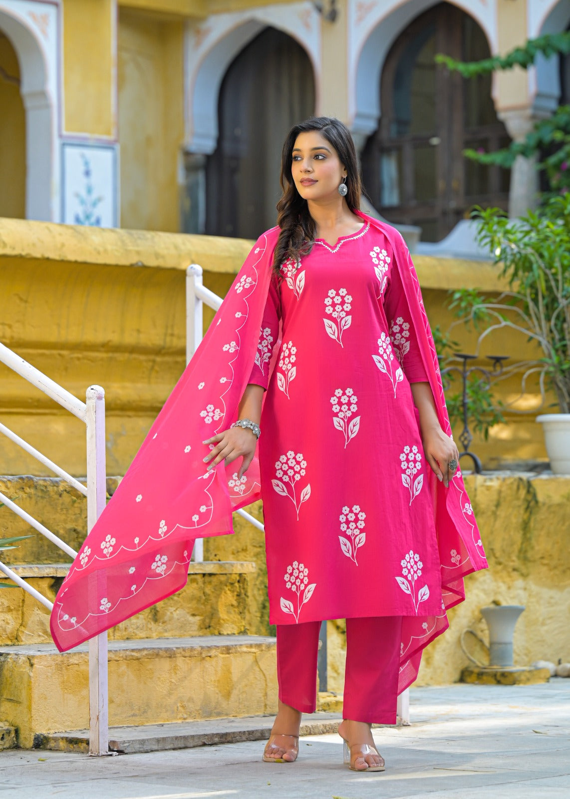 Floral Placed Minimal Neck Line Cotton Full Suit Set With Dupatta-12988