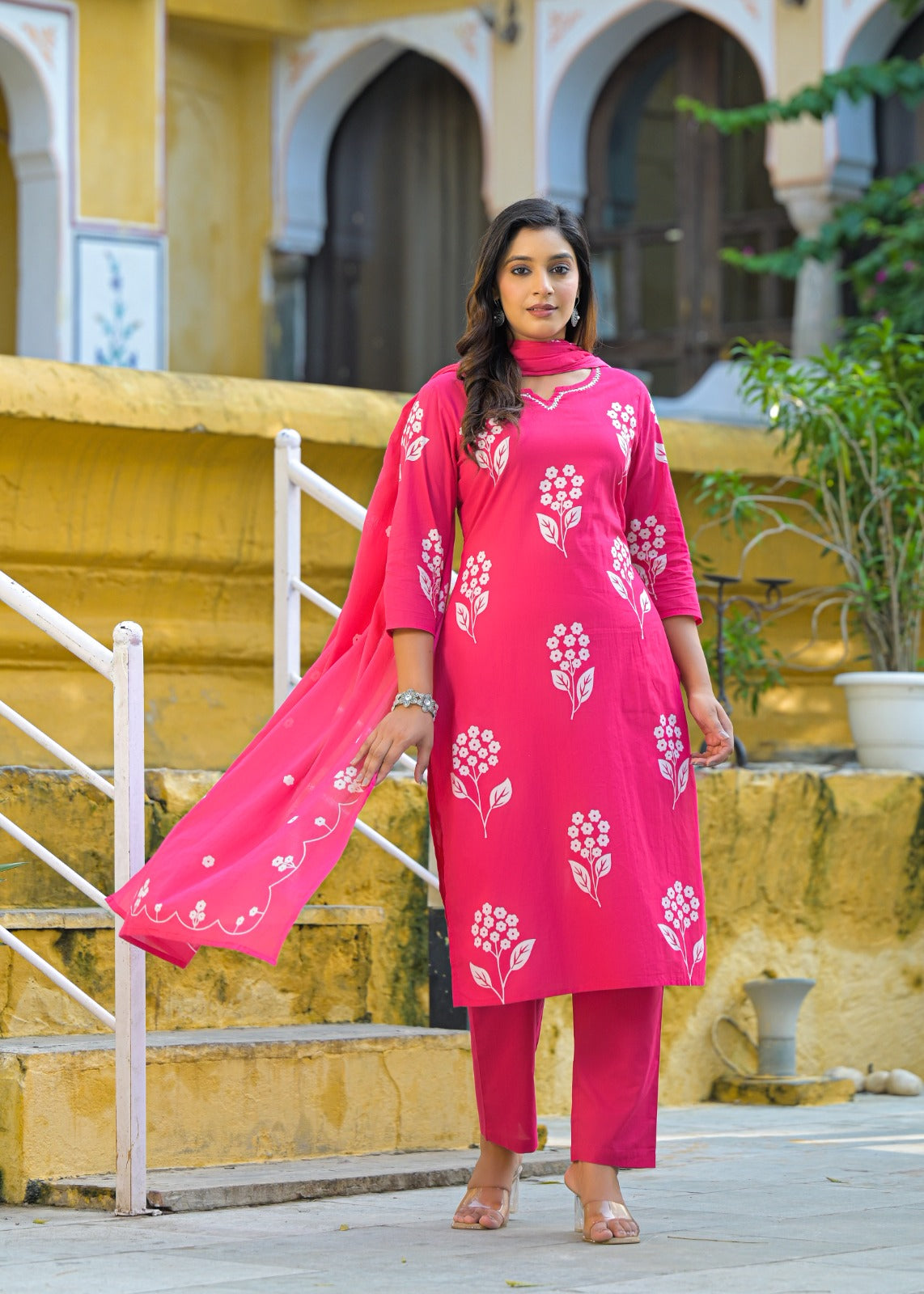 Floral Placed Minimal Neck Line Cotton Full Suit Set With Dupatta-12988