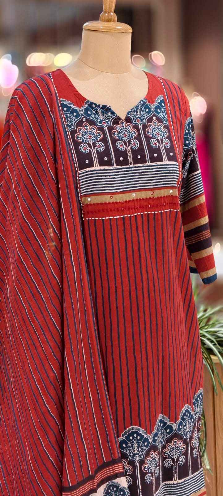 Kalamkari Striped Cotton Full Suit Se With Flowy Dupatta-12988