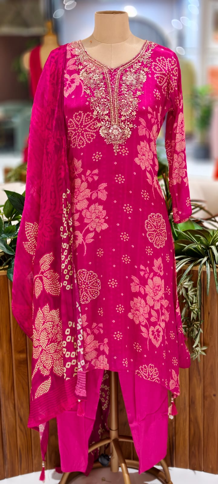 Beautiful Heavy Neck Work Floral Printed A-Line Full Suit Set With Dupatta In Chinon Fabric- 12961