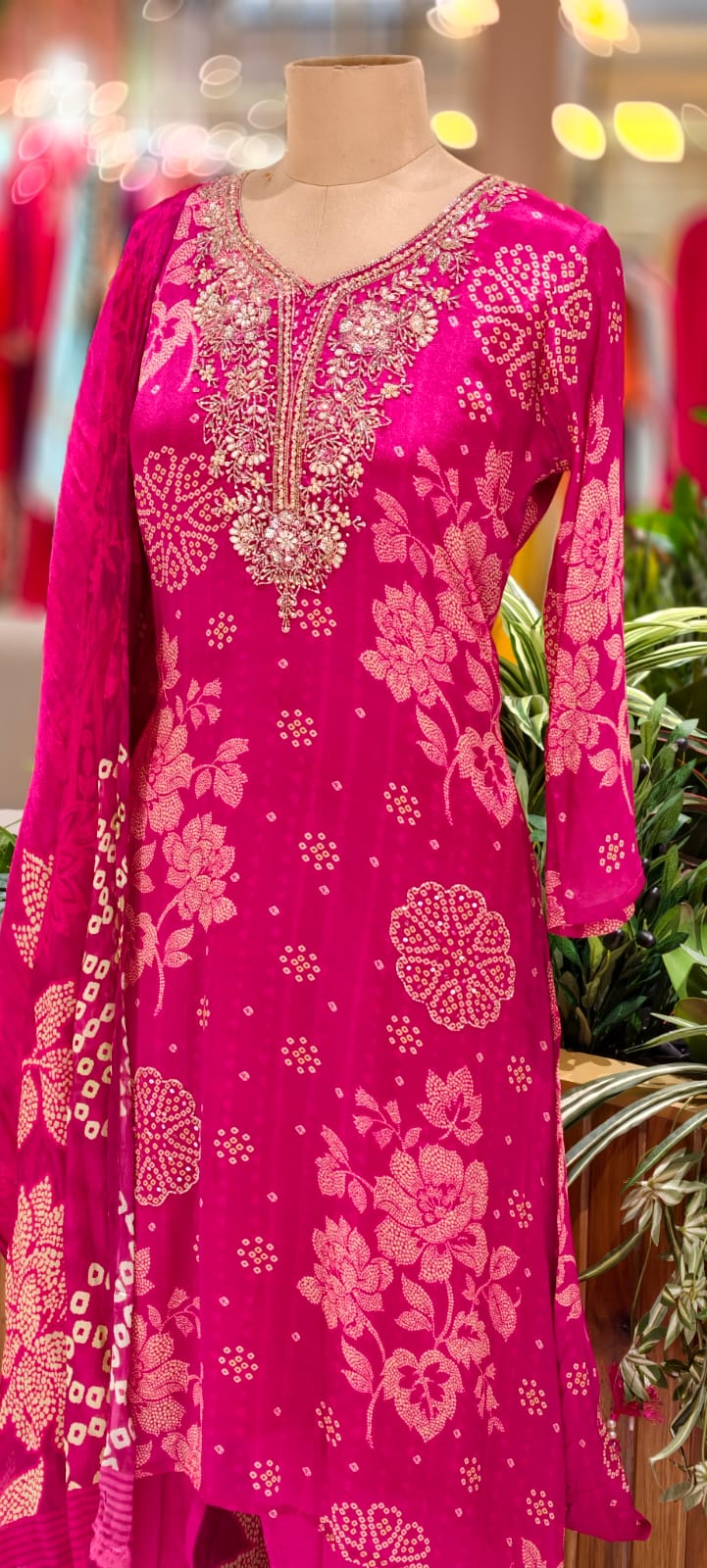 Beautiful Heavy Neck Work Floral Printed A-Line Full Suit Set With Dupatta In Chinon Fabric- 12961