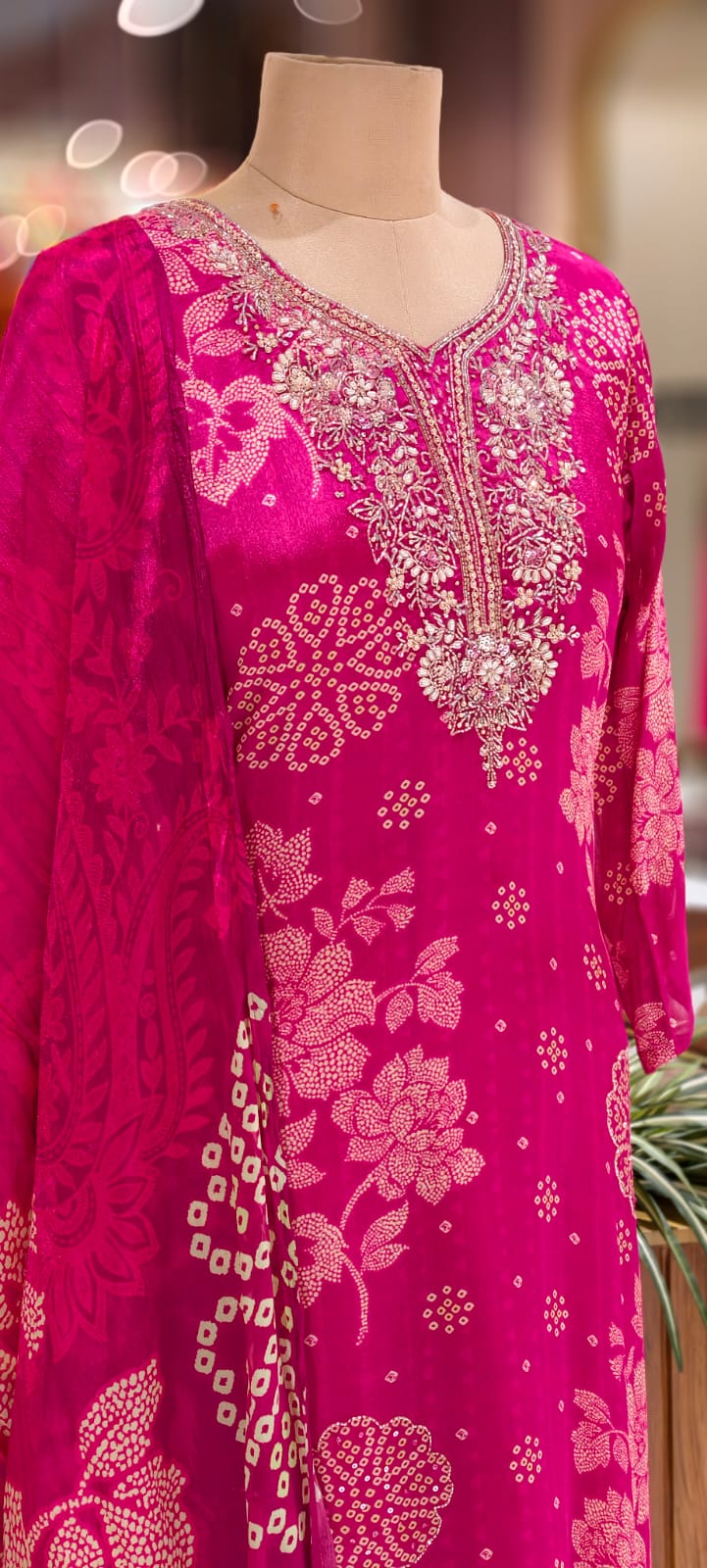 Beautiful Heavy Neck Work Floral Printed A-Line Full Suit Set With Dupatta In Chinon Fabric- 12961