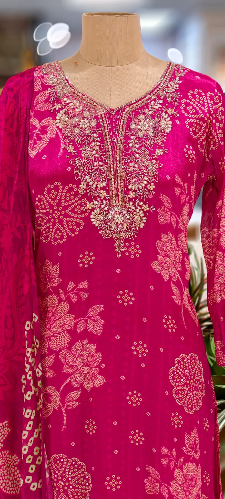 Beautiful Heavy Neck Work Floral Printed A-Line Full Suit Set With Dupatta In Chinon Fabric- 12961