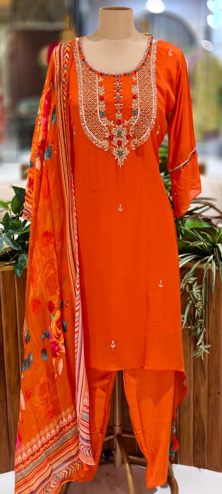 Sequin Placement With Thread Sticth Work Bright A-Line Full Suit Set With Dupatta In Georgette Fabric- 12959