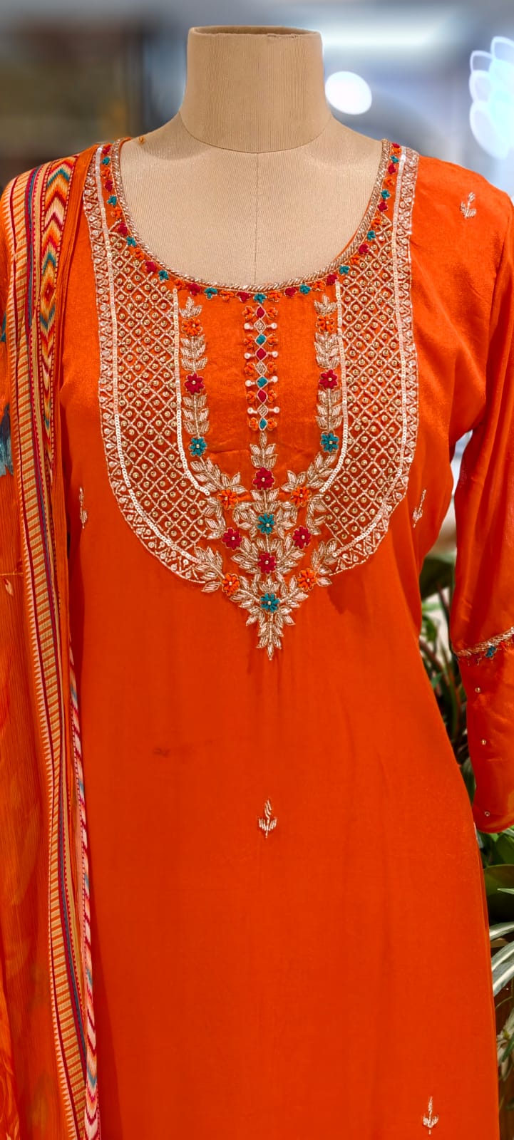 Sequin Placement With Thread Sticth Work Bright A-Line Full Suit Set With Dupatta In Georgette Fabric- 12959