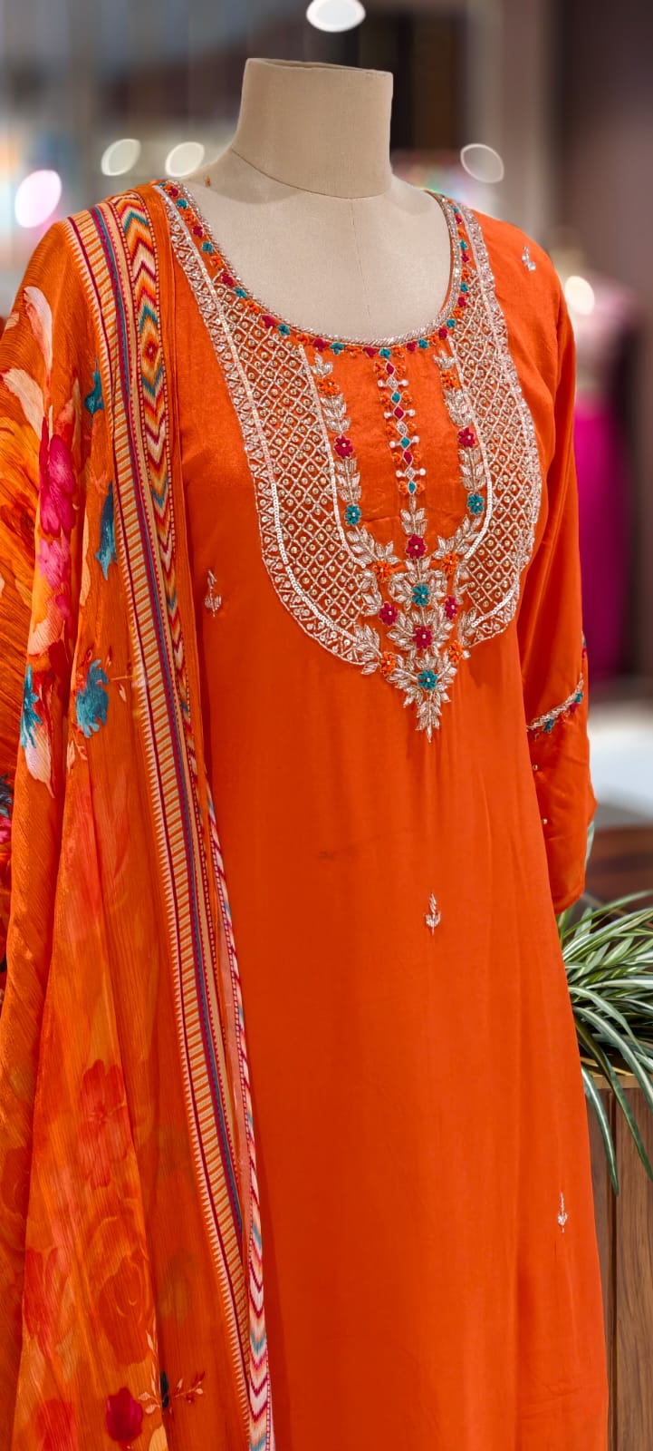 Sequin Placement With Thread Sticth Work Bright A-Line Full Suit Set With Dupatta In Georgette Fabric- 12959