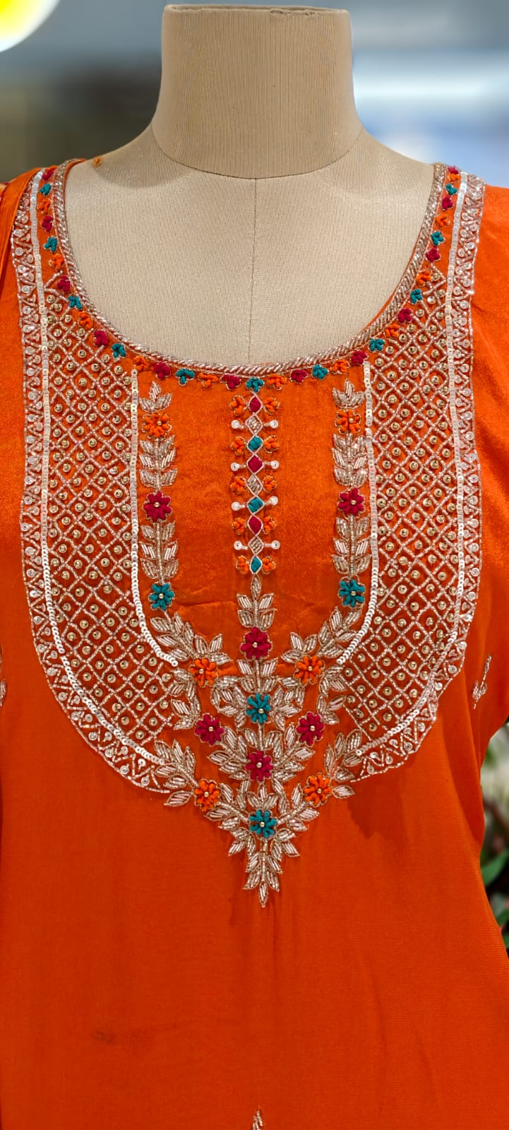 Sequin Placement With Thread Sticth Work Bright A-Line Full Suit Set With Dupatta In Georgette Fabric- 12959