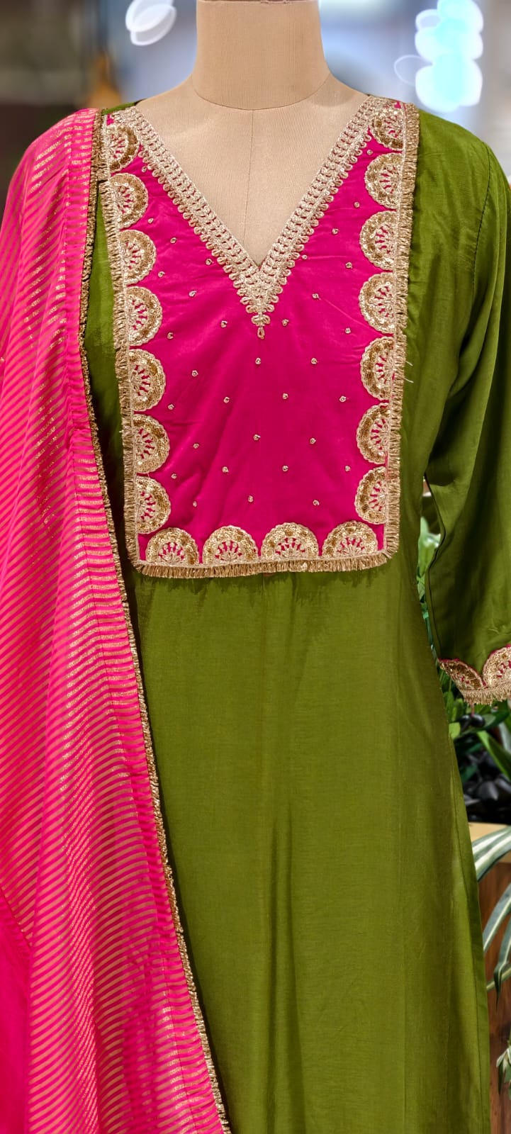Attractive Yoke A-Line Full Suit Set With Golden Striped Dupatta In Dola Silk Fabric- 12997