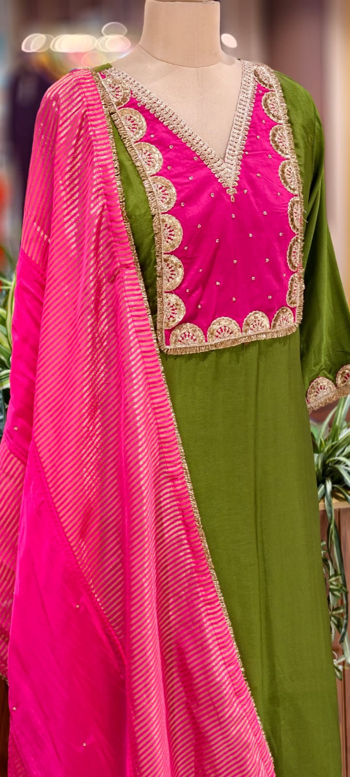 Attractive Yoke A-Line Full Suit Set With Golden Striped Dupatta In Dola Silk Fabric- 12997