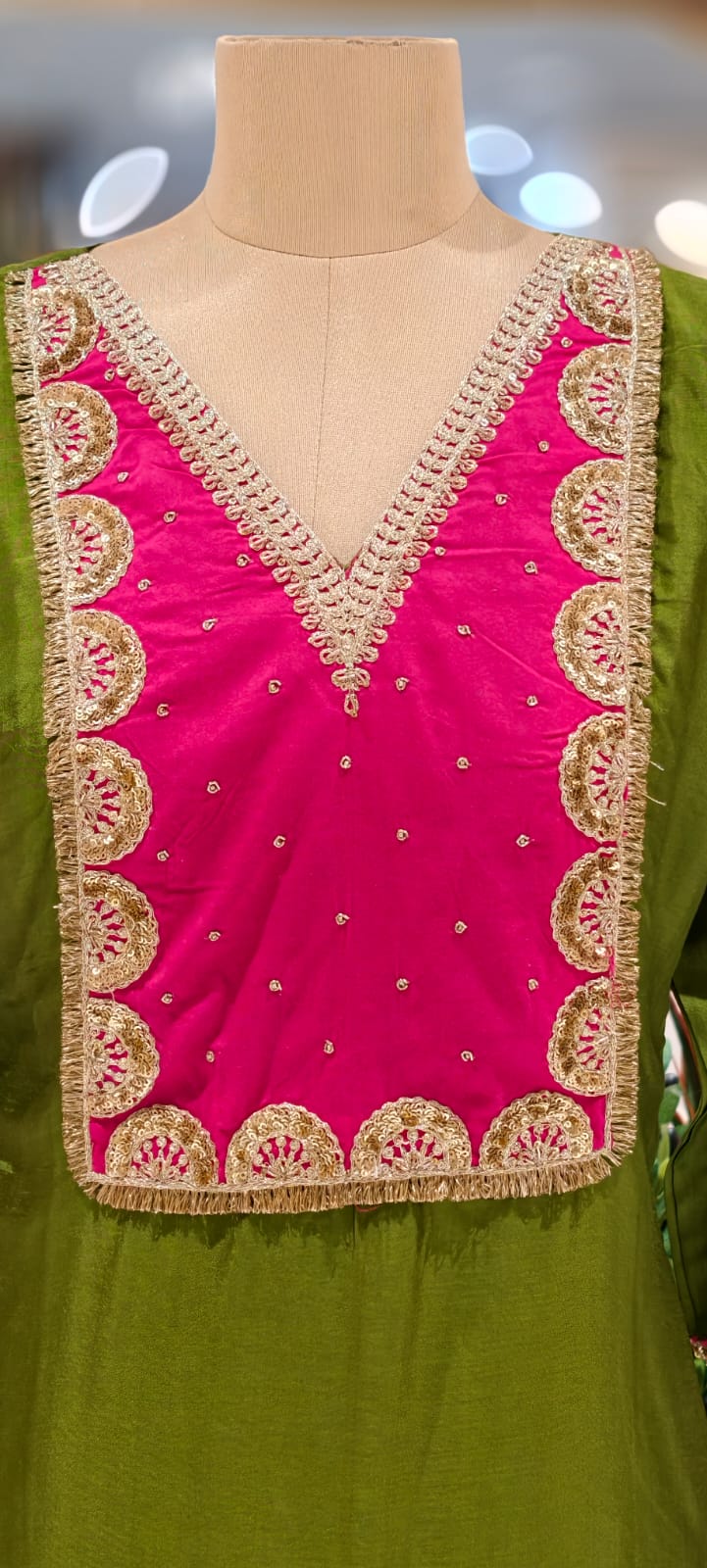 Attractive Yoke A-Line Full Suit Set With Golden Striped Dupatta In Dola Silk Fabric- 12997